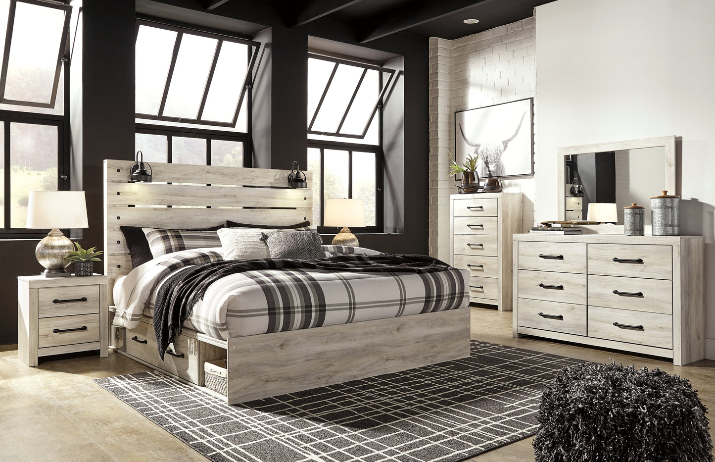 Cambeck Queen Panel Bed with 4 Storage Drawers with Mirrored Dresser, Chest and Nightstand