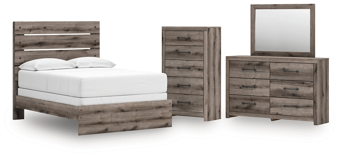 Graystorm Full Panel Bed with Mirrored Dresser and Chest