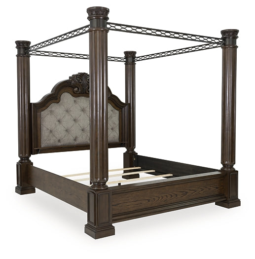 Maylee King Canopy Bed with Mirrored Dresser, Chest and Nightstand