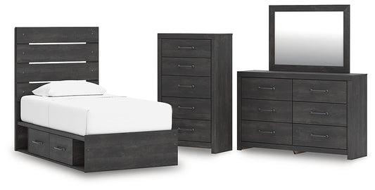Hollivern Twin Panel Storage Bed with Mirrored Dresser and Chest