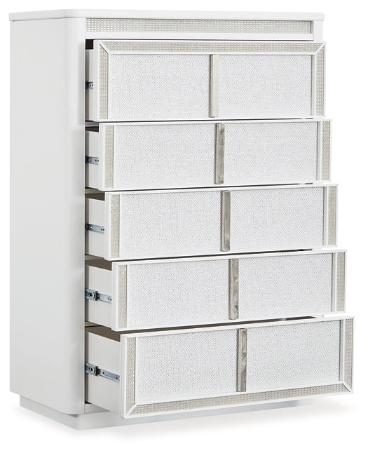 Chalanna King Upholstered Storage Bed with Mirrored Dresser and Chest