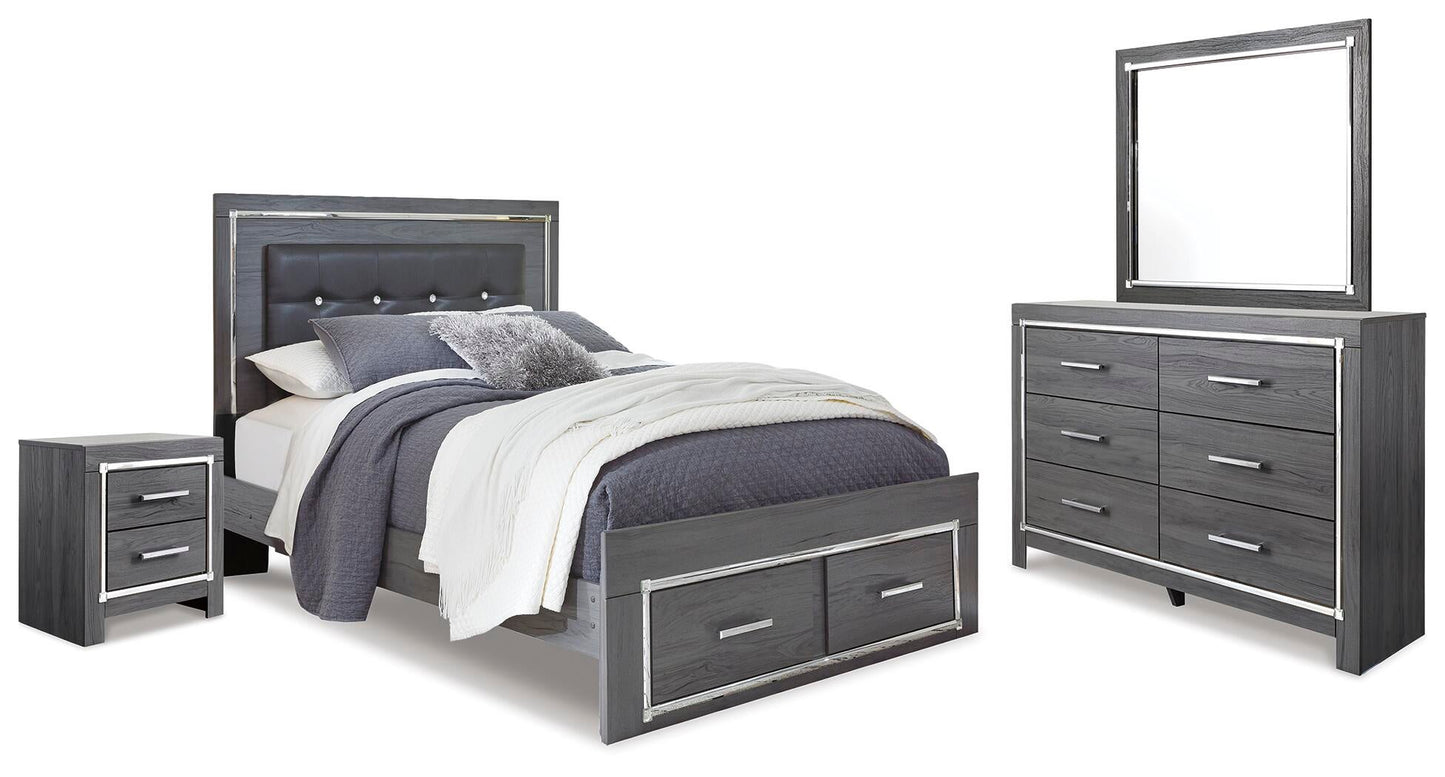 Lodanna Queen Panel Bed with 2 Storage Drawers, Dresser, Mirror and Nightstand