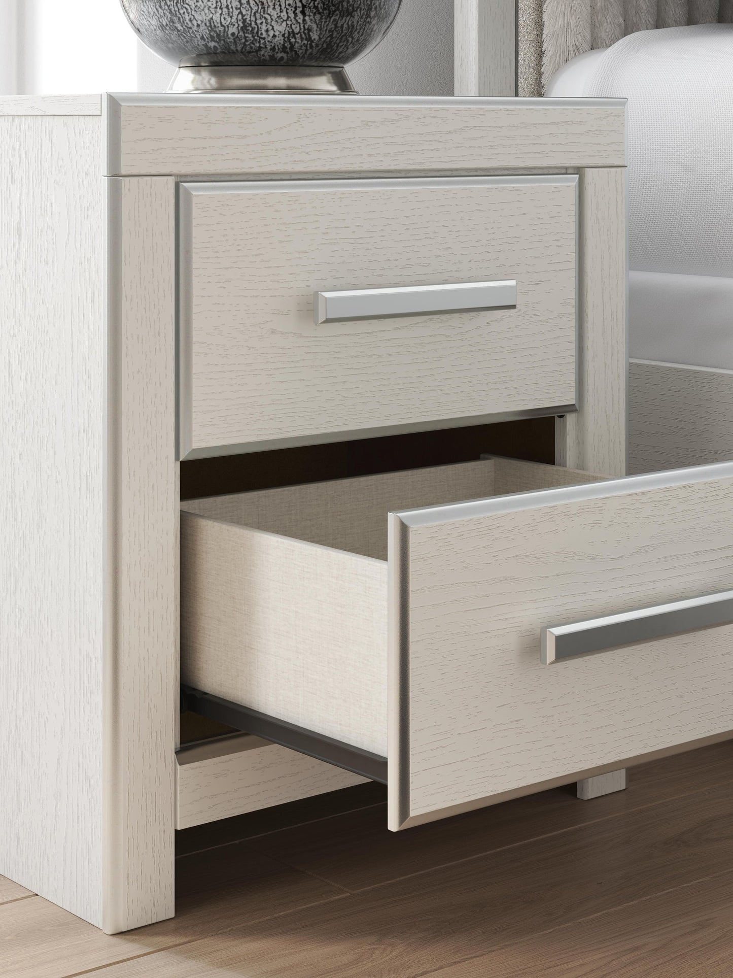 Birmonton King Upholstered Panel Platform Storage Bed, Dresser, Mirror and Nightstand