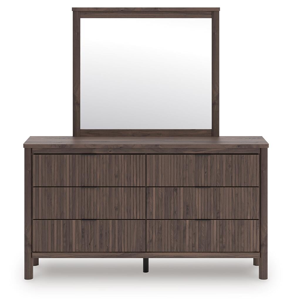 Cadmori King Upholstered Panel Bed, Dresser and Mirror